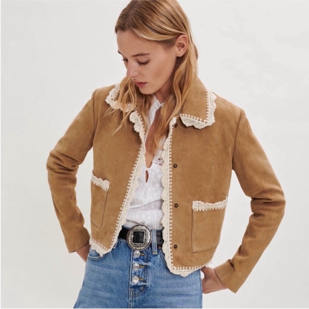 Maje Bicoti Crochet Trim Suede Jacket 40/L